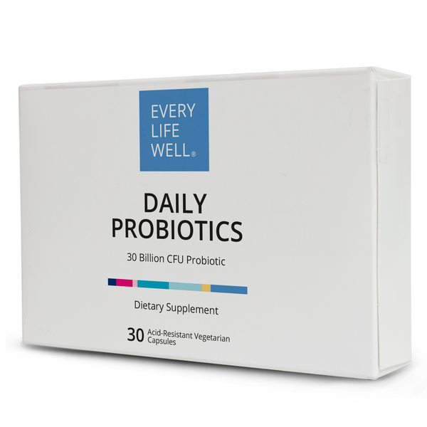 A box of Daily Probiotics dietary supplement by Every Life Well, containing 30 resistant-vegetarian capsules with a probiotic.
